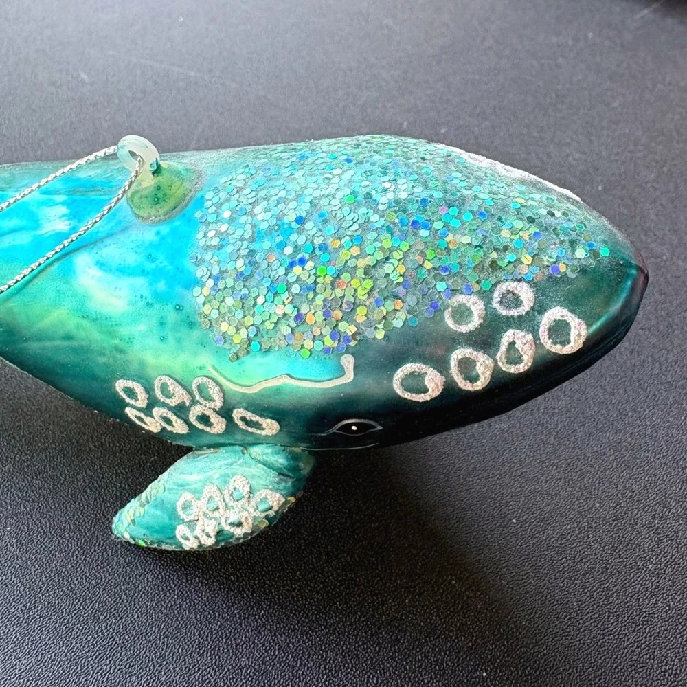 Blown Glass Humpback Whale Ornament Teal Turquoise Glitter Nautical‎ Christmas